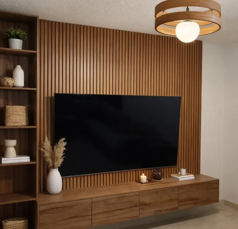 Mueble para TV con lambrín de listones, repisas abiertas y cajones de melamina nogal en Hermosillo