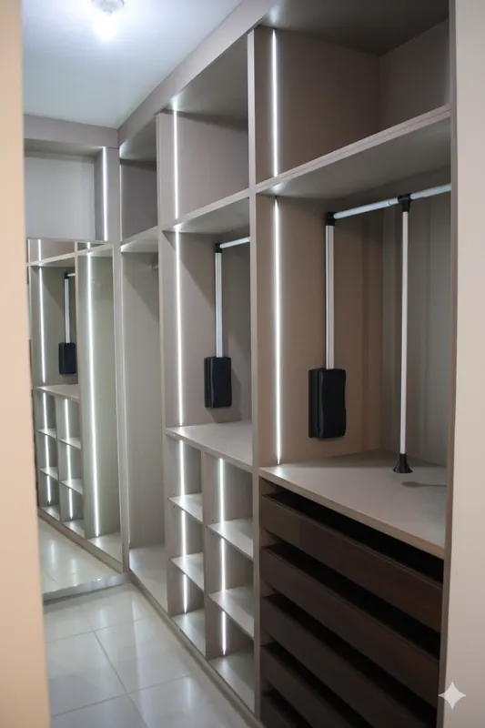 Closet abierto de melamina blanca y nogal con tiras LED en recámara de Hermosillo