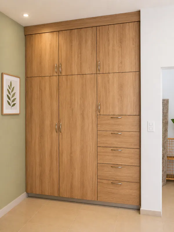 Closet de melamina madera clara con puertas y cajones a la medida en Hermosillo