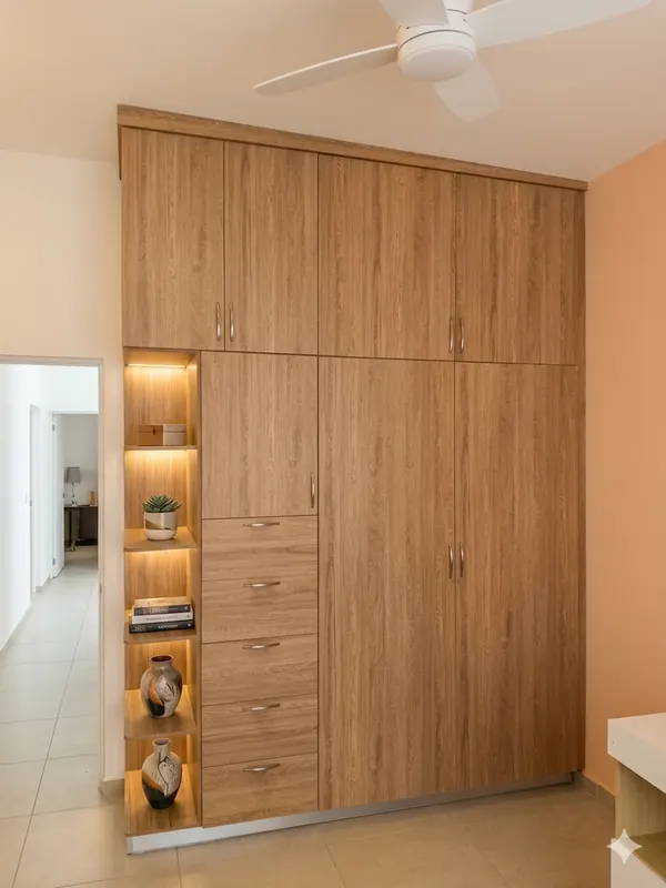 Closet de melamina con puertas, cajonera y nicho con iluminación LED en Hermosillo